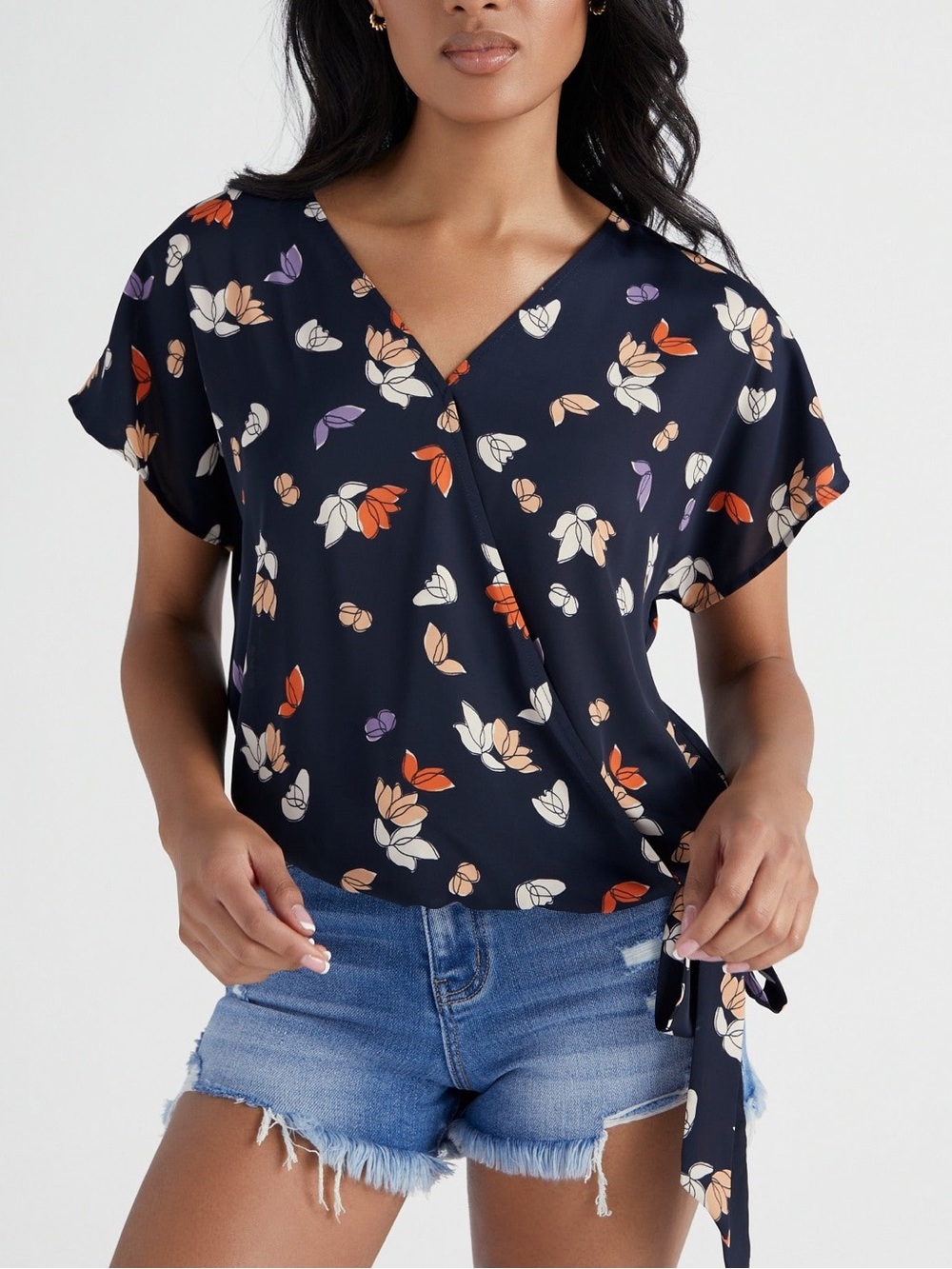 West Kei Floral Woven Short Sleeve Surplice Top in Dark Navy Floral XS (0-2) NWT